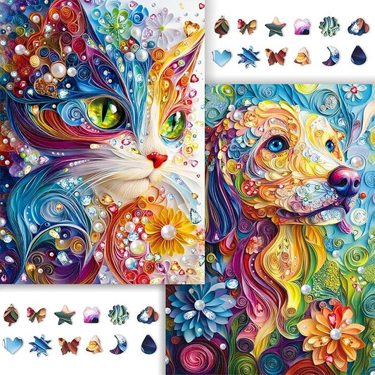 1000 Piece Puzzles for Adults, 2 Pack of Challenging Shaped Cat Puzzles, Pearl Cat and Pearl Dog Theme, Idea Gifts