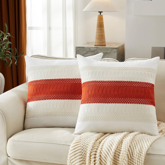 2pk Boho Pillow Covers 24x24, Natural White/Contrast/Orange | 100% Organic Cotton Body, Stripe Embroidery, Farmhouse Decorative Cushion Covers for Sofa Bed Living Room Home Decor
