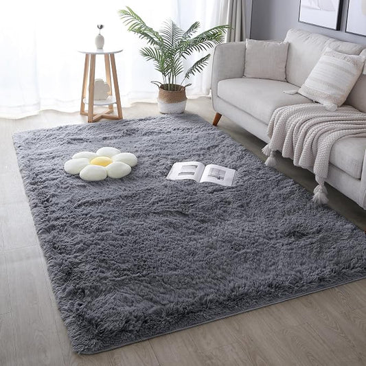 5x8 Grey Fluffy Shag Rug for Bedroom, Plush Washable Carpet | Area Rug for Living Room, Kids Nursery, Teens College Dorm, Non Slip Shaggy Carpet