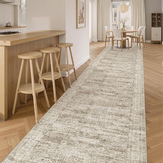 Soalmost Washable 3x16 Hallway Runner Rug Non-Slip Kitchen Entry Rugs Brown | Vintage Extra Long Runners 16ft for Bathroom Entryway, Foldable Low-Pile Wide Floor Carpet for Corridor Living Room Bedroom