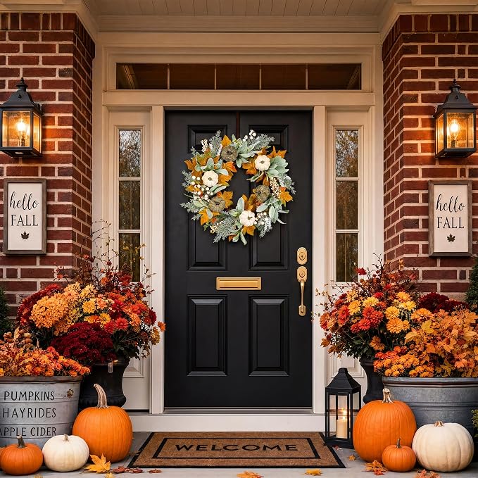 20" Fall Wreath Front Door Pumpkin Lambs Ear Maple Leaf Artificial Wall Decor Farmhouse Autumn Wreath Thanksgiving Home Porch Outdoor Indoor Holiday Harvest Decor