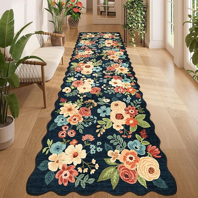 DUKINO 3x10 Runner Rug, Non Slip Floral Washable Rug for Hallway, Navy Blue | Low Pile, Soft, Stain Resistant Throw Carpet Runner for Kitchen, Entryway, Bedroom, Bathroom, Lightweight, Modern Home Decor