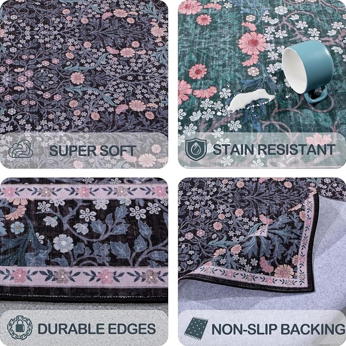 Washable 2' x 6' Runners for Hallways, Non Slip Long Floor Runner for Kitchen, Entryway Indoor, Stain Resistant Rubber Backing Floral Decor Rug (Black)