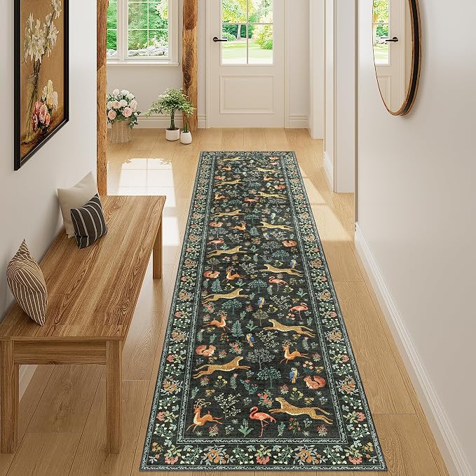 DUKINO 2x8 Washable Runner Rug, Non Slip Animal Kitchen Runner Rug, Black | Soft, Low Pile, Non-Shedding Indoor Carpet Runner for Hallway, Entryway, Bedroom, Bathroom, Pet Friendly, Stain Resistant