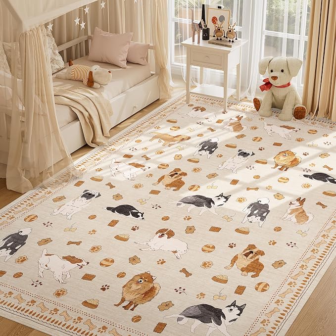 DUKINO 8x10 Area Rug, Washable Dog Rugs for Living Room Soft, Beige Yellow | Non Slip, Low Pile, Non-Shedding, Stain Resistant Animal Carpet for Bedroom Dining Room Nursery Farmhouse, Pet & Kid Friendly