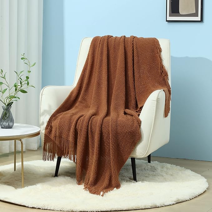 CREVENT Rustic Farmhouse Knit Throw Blanket for Couch Sofa Chair Bed Home Decoration, Soft Warm Cozy Light Weight for Spring Summer Fall (50''X60'' Caramel)