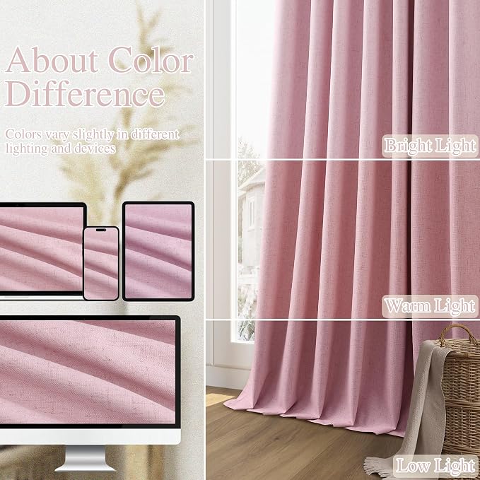 Guken 100% Blackout Curtains 102 Inch Length 2 Panels Set for Living Room Bedroom Back Tab Thermal Insulated Black Out Linen Drapes Room Darkening Rose,52x102