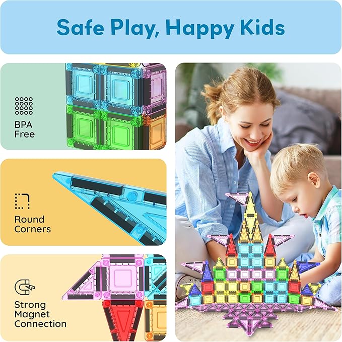 PicassoTiles 65pc Nano Magnetic Tile Travel Size Mini Portable Toy Construction Building Blocks Playset with Storage Bag Pouch STEM Montessori Classroom Magnet Tiles Stacking Toys for Kids Age 3+ PN03