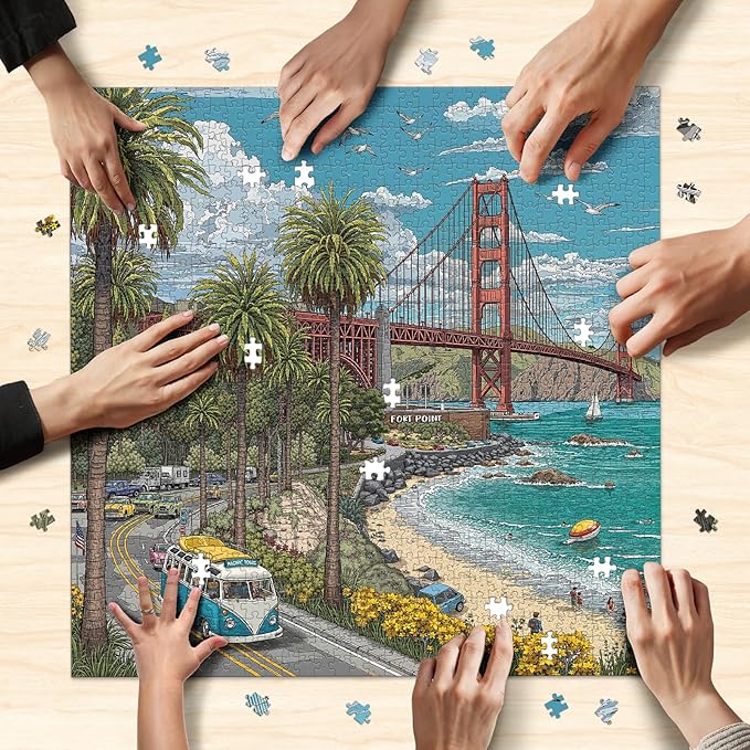 1000 Piece Jigsaw Puzzle for Adults, Cityscape Jigsaw Puzzle, Vibrant California Coastline with Golden Gate Bridge, Palm Trees & Tour Bus, Challenging Art Puzzle, 22.5 x 22.5 in