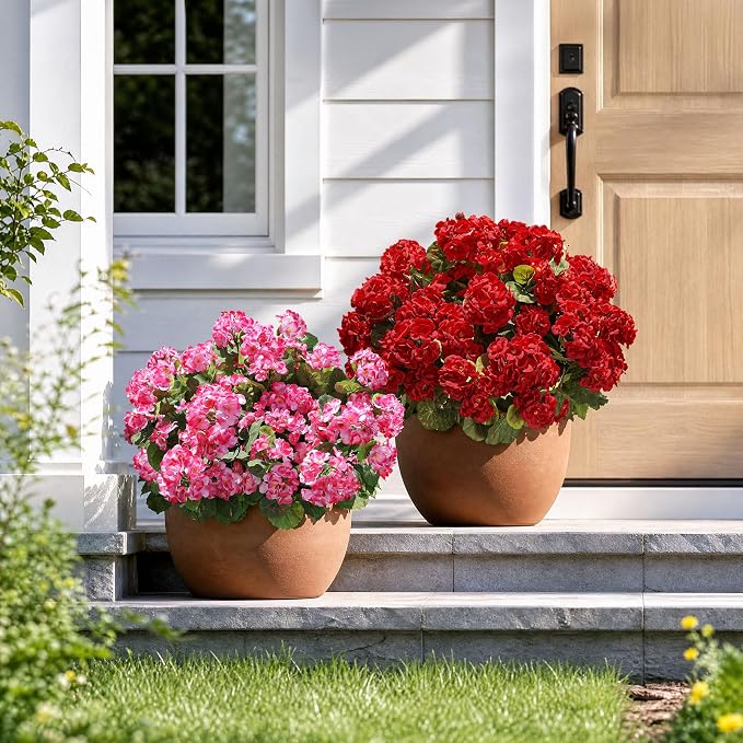 Artificial Geraniums Fake Flowers for Outdoors Decoration, 6 Bundles Silk Geraniums Red Flower UV Resistant Look Real Faux Plants for Front Door Garden Porch Planter Patio Balcony Yard Indoor Home