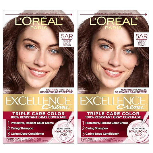 L'Oreal Paris Excellence Crème Permanent Hair Dye, Triple Care Hair Color with Hyaluronic Acid for 100% Gray Coverage, 5AR Medium Maple Brown, 1 Kit (Pack of 2) (Packaging May Vary)