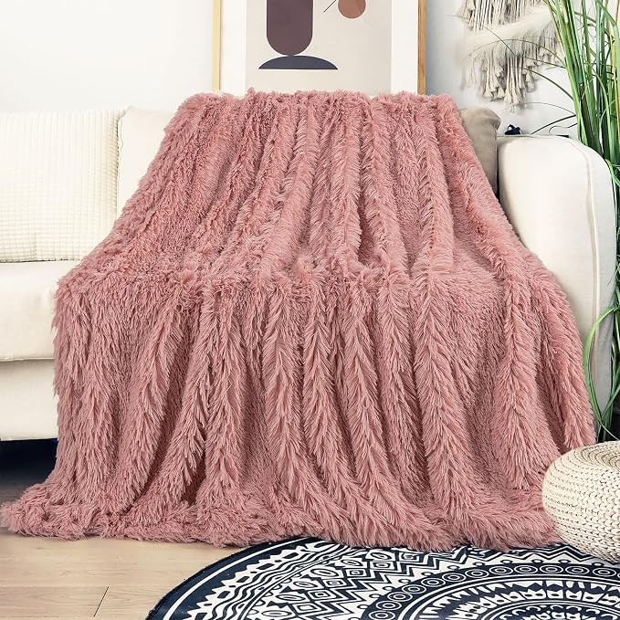 Decorative Extra Soft Fuzzy Faux Fur Throw Blanket 50" x 60",Solid Reversible Long Hair Shaggy Blanket,Fluffy Cozy Plush Comfy Microfiber Fleece Blankets for Couch Sofa Bedroom,Peach Whip