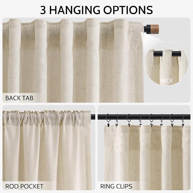Linen Curtains 108 Inches Long for Living Room Modern Farmhouse Decor Light Filtering Semi Sheer Curtain Back Tab Luxury Neutral Rustic Floor to Ceiling High Window for Bedroom 52x108, 2 Panels