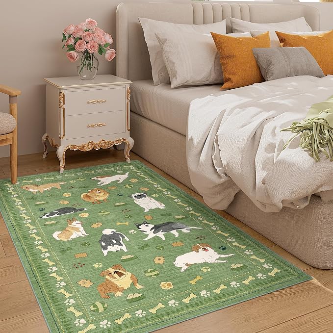 DUKINO 3x5 Rug, Washable Dog Bedroom Area Rug Soft Non Slip, Green | Low Pile, Non-Shedding, Stain Resistant Animal Carpet for Bathroom Dorm Office Dining Living Room Kitchen, Kid & Pet Friendly