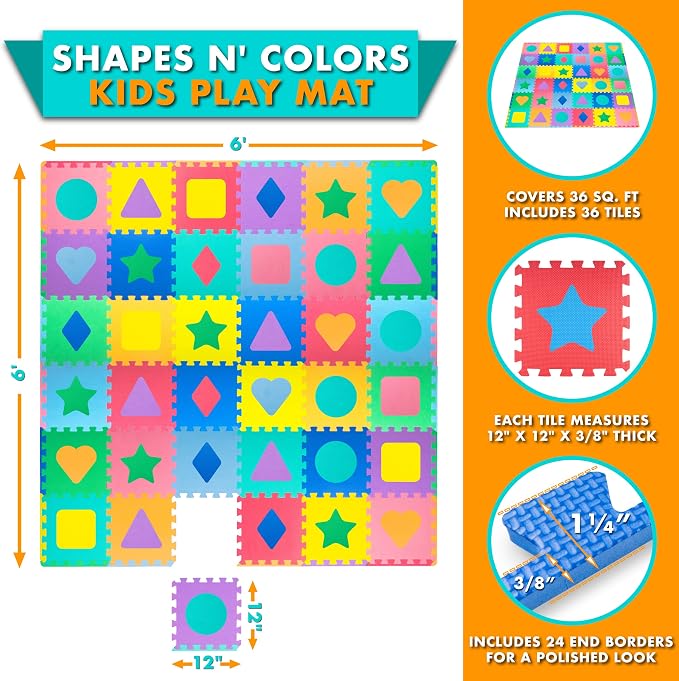 ProSource Kids Foam Puzzle Floor Play Mat with Shapes & Colors 36 Tiles, 12"x12" and 24 Borders