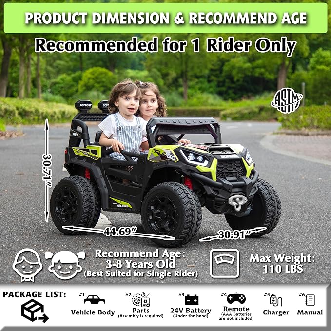 sopbost 24V Ride On Car with Remote Control 4x4 Battery Powered 4 Wheels Ride On Toy for Kids Electric Vehicle with EVA Tire, Bluetooth, Green