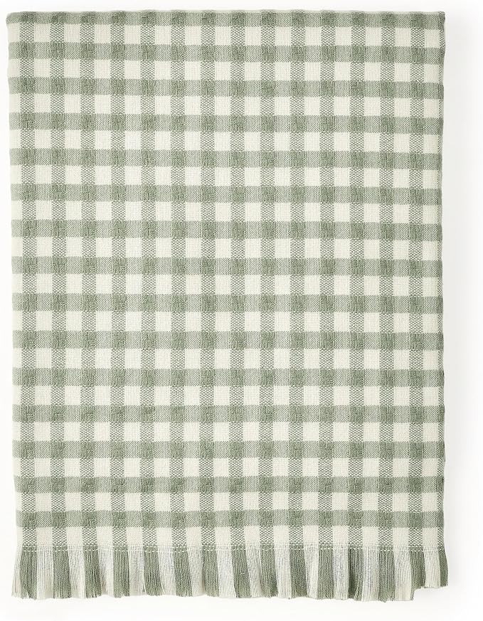 CREVENT Farmhouse Boho Knitted Throw Blanket for Couch Sofa Chair Bed Home Decoration, Soft Warm Cozy Light Weight for Spring Summer Fall (50''X60'' Plaid Green)