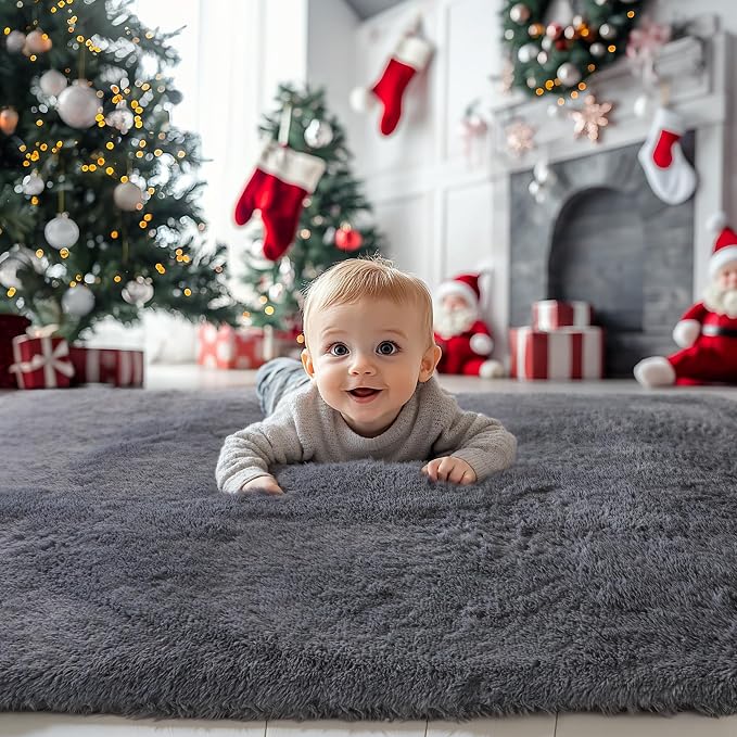 3x5 Grey Fluffy Shag Rug for Bedroom, Plush Washable Carpet | Area Rug for Living Room, Kids Nursery, Boys Girls Dorm Room, Non Slip Shaggy Floor Carpet