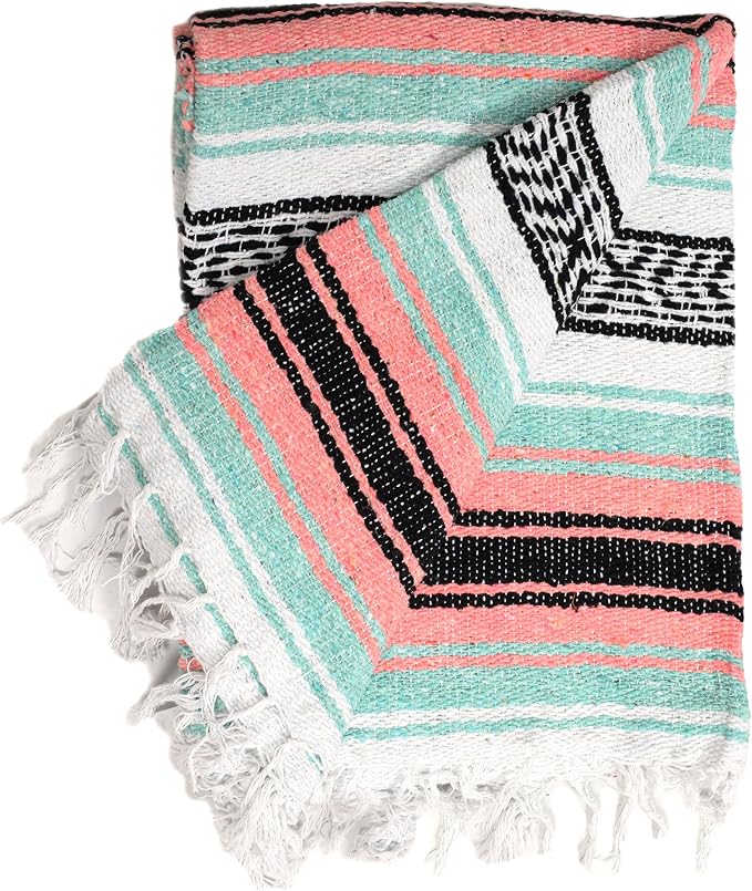 Open Road Goods Bulk Falsa Blankets - Handwoven Authentic Mexican Falsa - Great for Weddings, Yoga, Beach, Picnics, or Mexican Throw! (Mint/Peach, 7 Pack)