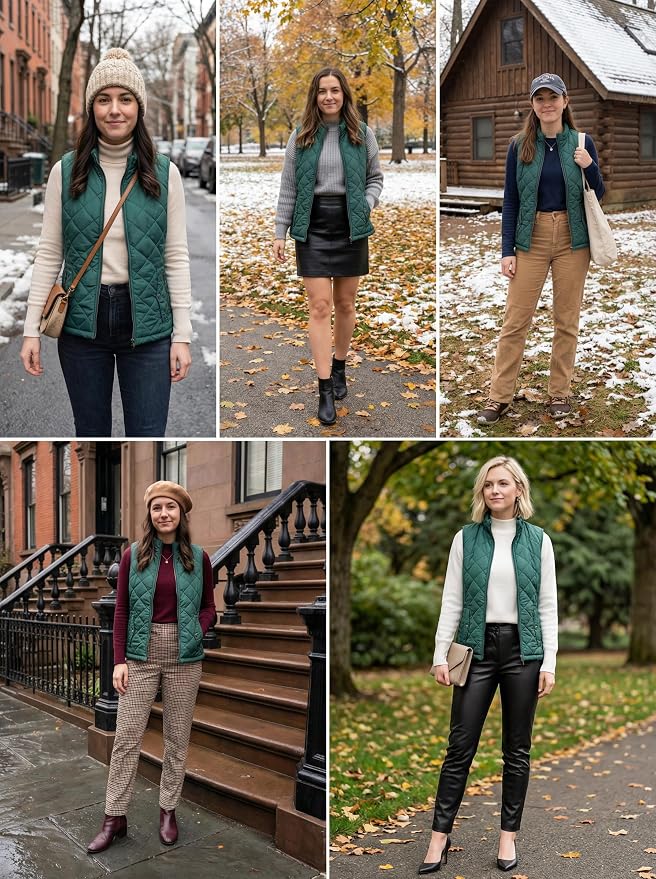 Fuinloth Women's Quilted Vest Lightweight Puffer Stand Collar Zip Gilet | 4 pockets with 2 inner storage. Quilted padded warm gilet. Fall winter outerwear layering vest for travel hiking daily wear.