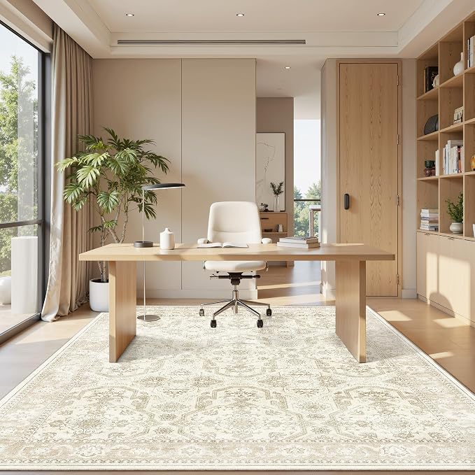 Soalmost 6x9 Area Rug for Living Room Washable Rugs Non-Slip Beige/Brown | Low-Pile Vintage Carpet for Dining Bedroom, Foldable Thin Stain Resistant Floor Mat Under Table Home Office Nursery Decor