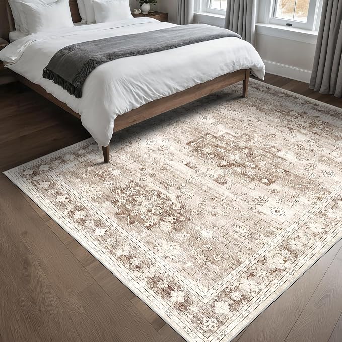 Hazo Haus Washable Neutral Farmhouse Living Room Rug, 5x7 Area Rugs for Bedroom, Nursery Room, Boho Vintage Floral Non-Slip Rug Low Pile Stain Resistant (5x7 Beige/Latte)