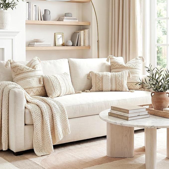Decorative Lumbar Throw Pillow Covers 12x20 Combo Set of 2 Cream Neutral Rectangular Boho Accent Pillowcase Farmhouse Cushion for Couch Sofa Bedroom Living Home Décor Cover ONLY