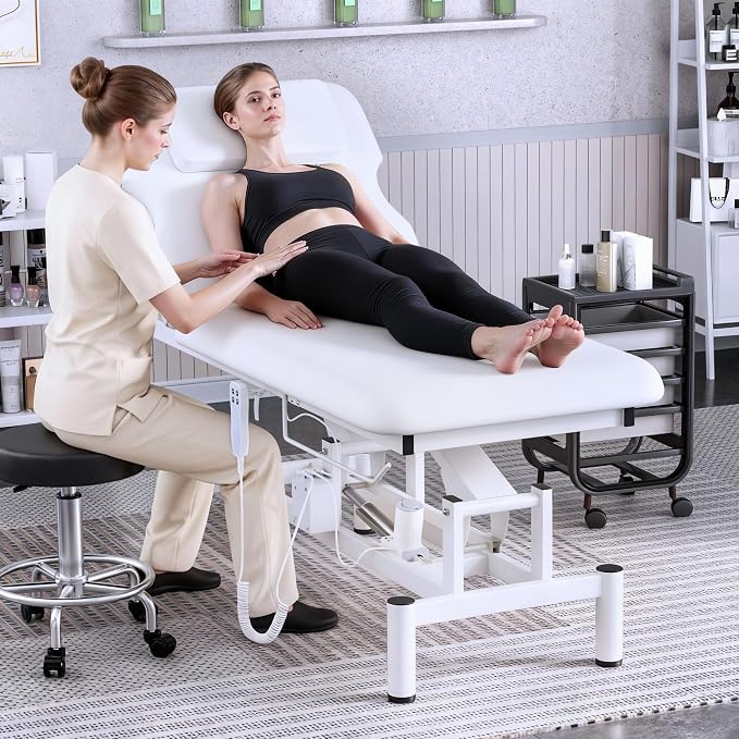 Olela 2 Motor Electric Massage Table, Professional Massage Table with Electric Adjustable Height & Backrest, Wide Treatment Tables with Metal Frame, PU Leather for Massage, Spa, Tattoo