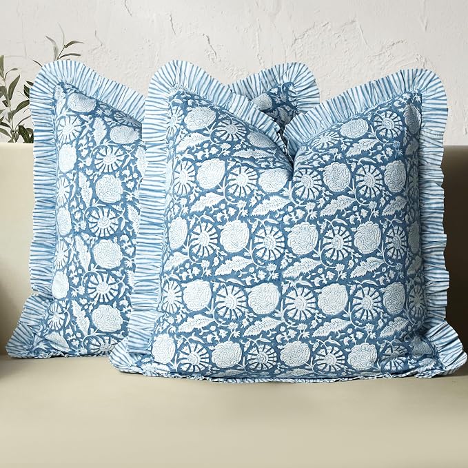 CPC Blue Meadow Hand Block Print 100% Cotton Ruffle Throw Pillow Cover 24x24 inch with Hidden Zipper Decorative for Couch, Bed, Sofa, Farmhouse, Cottagecore Decor Gift Christmas Fall Thanksgiving