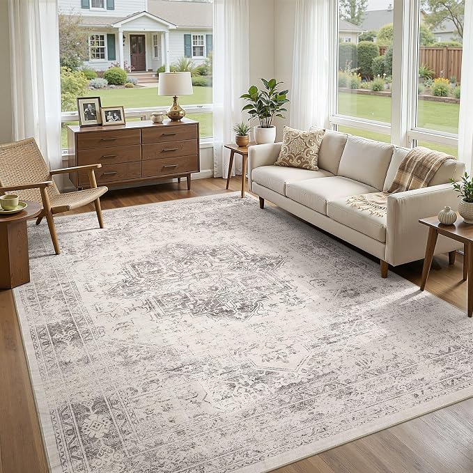 UERMEI 10x12 Area Rug Living Room Rugs - Washable Vintage Soft Large Rug Indoor Floor No Slip Rug Carpet for Bedroom Farmhouse Under Dining Table Home Office Decor - Beige/Camel
