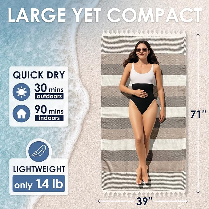 ATANI Turkish Beach Towel (71x39 Inches), Converts to a Bag, Oversized 100% Cotton Bath Towels Lightweight Quick-Dry Beach Blanket for Travel, Picnic, Camping, Yoga and Pool (Brown)