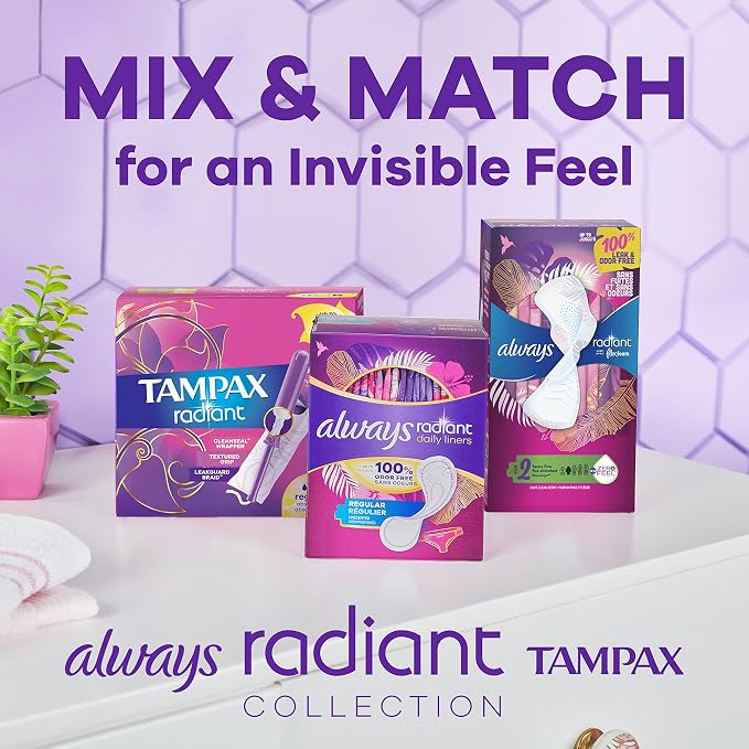Tampax Radiant Tampons Multipack with Leakguard Braid, Regular/Super Absorbency, with Leakguard Braid, Unscented, 28 Count (Pack of 2)