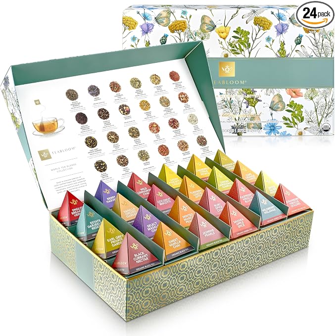 Teabloom - World's Finest Pyramid Tea Collection, 24 Varieties of USDA Certified Organic & Kosher Teas - Black Tea, Green Tea, White Tea, Oolong Tea, and Herbal/Fruit Tea Blends