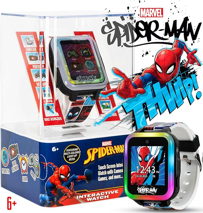 Marvel Spider-Man Kids Smart Watch with Touchscreen Camera Games Voice Recorder Flashing Bezel Alarm Stopwatch Step Counter Printed Silicone Band Fits Wrist Sizes 5.5” to 8”