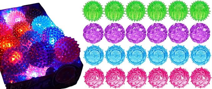 JA-RU Light Up Spiky Balls for Kids (24 Pack) – Light Up Bouncy Balls, Spiky Fidget Toys for Stress Relief, Sensory Bin Filler, Bulk Party Favors, & Classroom Prizes. 695-24p