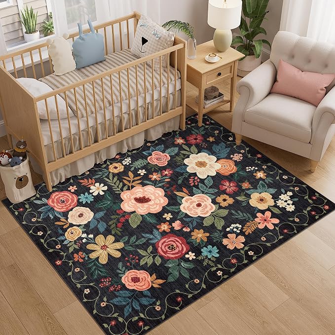 DUKINO 4x5 Area Rug for Entryway, Soft Floral Washable Rug Non Slip, Black | Low Pile, Non-Shedding Indoor Carpet for Bedroom, Kitchen, Living Room, Nursery, Pet Friendly, Stain Resistant, Home Decor