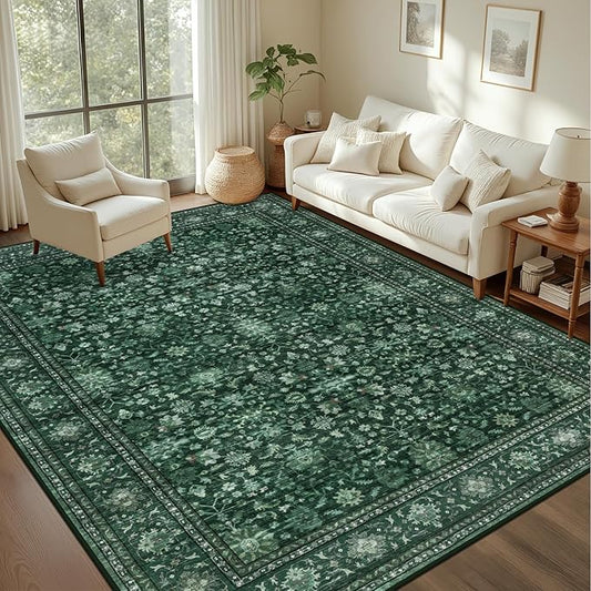 6x9 Area Rugs Living Room Rug: Washable Vintage Distressed Floral Rug No Slip Stain Resistant Soft Carpet Indoor Large Carpets for Bedroom Dining Room Farmhouse Nursery Home Office Deep Green