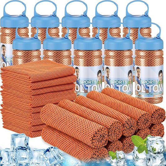 Honoson 20 Pcs Cooling Towels for Neck and Face, 47"x12" Sports Breathable Ice Towels Microfiber Chilly Sweat Rags with Portable Bottle for Gym Golf Athletes Yoga Workout Hot Weather (Orange)