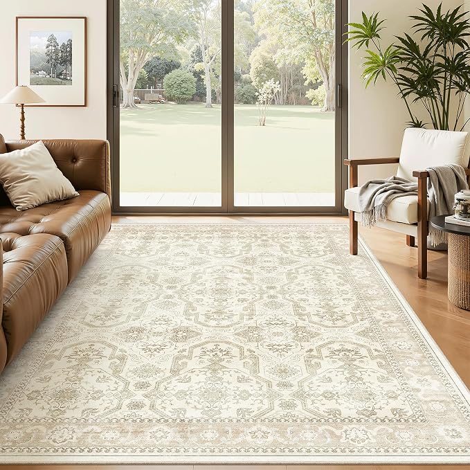 Soalmost 5x8 Area Rug Low Pile Washable Trendy Faded Style Rug, Beige/Brown | Vintage Non-Slip Indoor Accent for Bedroom Dining, Foldable Stain Resistant Floor Carpet Mat Under Table Home Office Decor