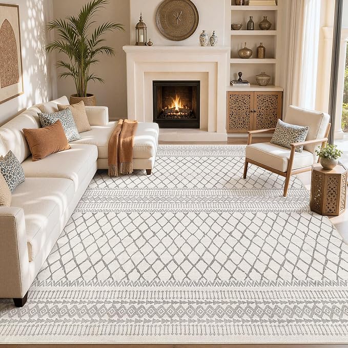 cotiled 10x12 Area Rugs Living Room Rug: Washable Boho Rugs with Non Slip Backing Large Soft Indoor Stain Resistant Carpet for Bedroom Farmhouse Dining Room Lightweight Home Decor Beige/Gray