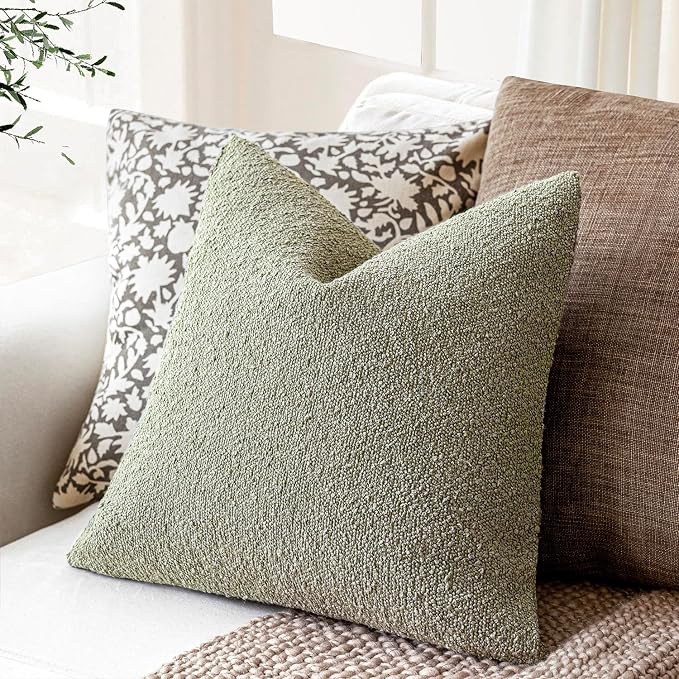 Foindtower Set of 2, Decorative Textured Boucle Throw Pillow Covers Accent Solid Pillow Cases Neutral Soft Couch Cushion Case for Chair Sofa Bedroom Living Room Home Decor 16x16 Inch Dirty Sage Green