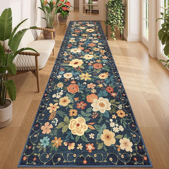 DUKINO 3x12 Washable Runner Rug Long Hallway Runner Rug Non Slip Navy Blue | Soft, Low Pile, Floral Indoor Runner Rug for Kitchen, Entryway, Bedroom, Bathroom, Laundry, Modern Home Decor, Non-Shedding