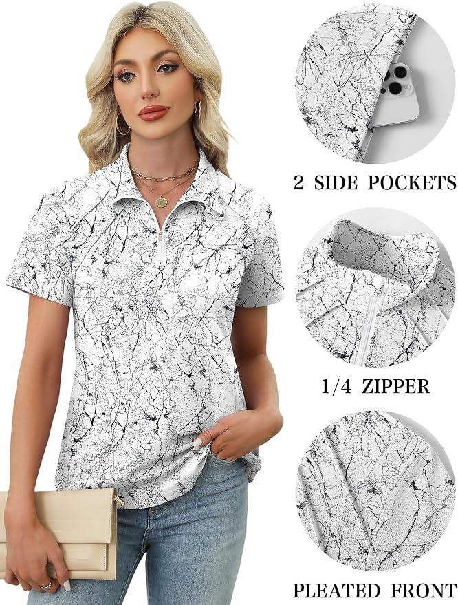 LOMON Womens Golf Polo Shirt Summer Short Sleeve Quarter Zip Outfit | Side-Pockets,Princess Seams,Cotton,Wrinkle Free,Moisture Wicking,Quick-Dry,Lightweight,Collared,for Tennis Workout