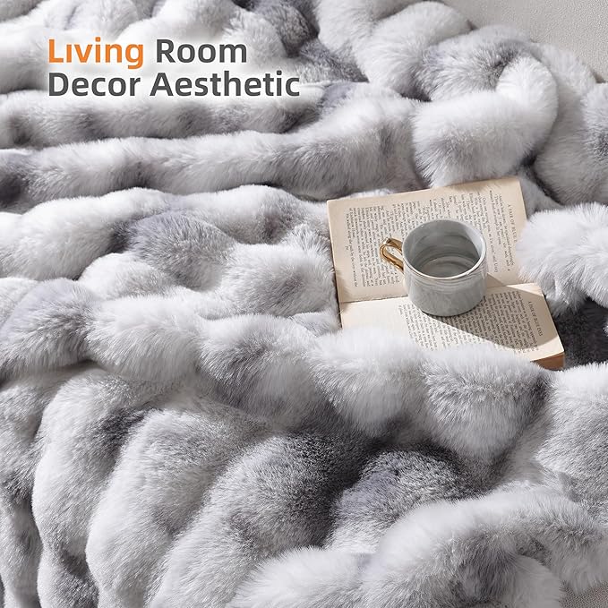 Faux Fur Throw for Couch - Tie-dye Grey Bubble Blanket 50"x60" | Fluffy Plush Fuzzy Throw for Sofa & Bed, Super Soft Cozy Comfrt Blanket, Luxury Aesthetic Grey Decor Gift for Women