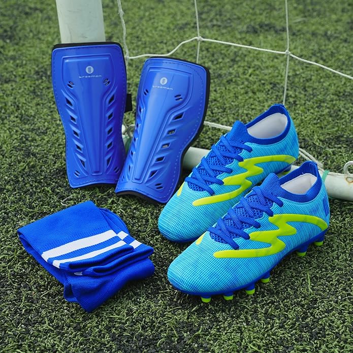 brooman Kids Firm Ground Soccer Cleats Boys Girls Football Shoes with Shin Guards and Soccer Socks