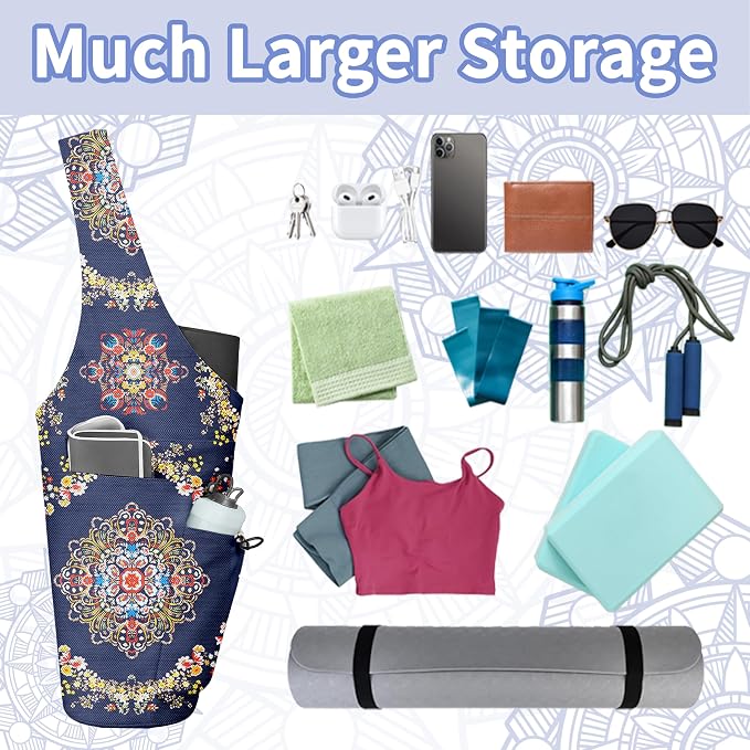 Yoga Bag for Women, Large Yoga Mat Bag Tote Carrier with Wet Dry Pocket, Water Bottle Holder & Adjustable Strap, Fits 1/2" Thick Yoga Mat for Gym, Pilates, Travel, Work