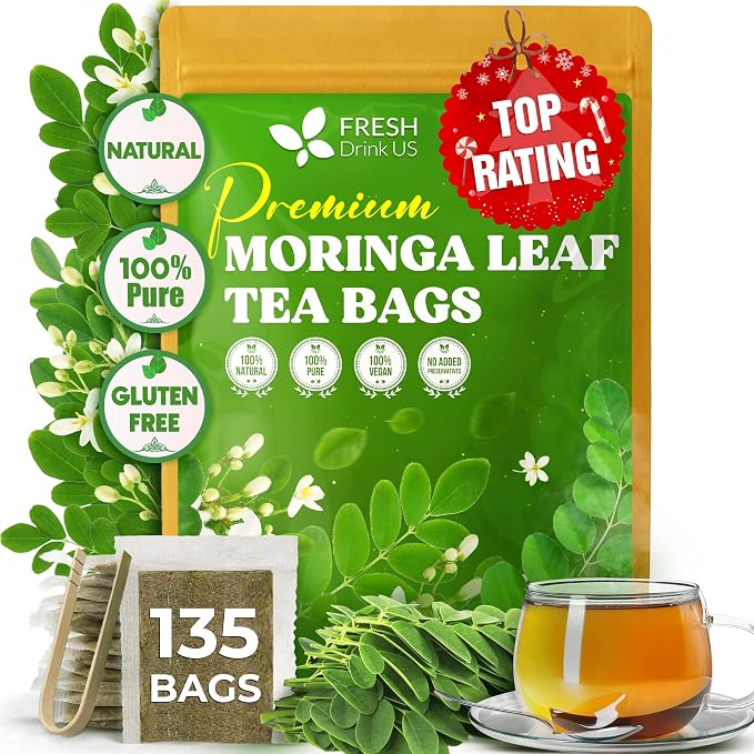 FreshDrinkUS, Premium 135 Moringa Tea Bags, 100% Natural & Pure, Herbal Tea, Made with Natural Materials-Corn Fiber Tea Bags, Sugar/Gluten Free. Rich in Antioxidants and Vitamins.