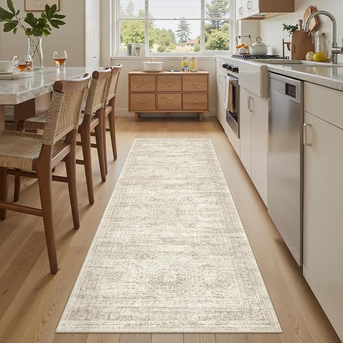 Soalmost Runner Rug 2x6 Washable Kitchen Hallway Runners Non-Slip Beige | Soft Low-Pile Rugs for Entry Bathroom Laundry Room, Vintage Foldable Floor Carpet Mat Entryway for Corridor Bedroom