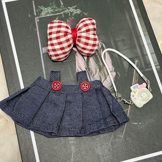 17cm Doll Clothes, Clothes for Cute Dolls Outfit, Stylish Kawaii Clothes & Accessories for 15-17cm Dolls, Denim Skirt+Red Plaid Bow Pin+Mini Camera+Keychains (Indigo)