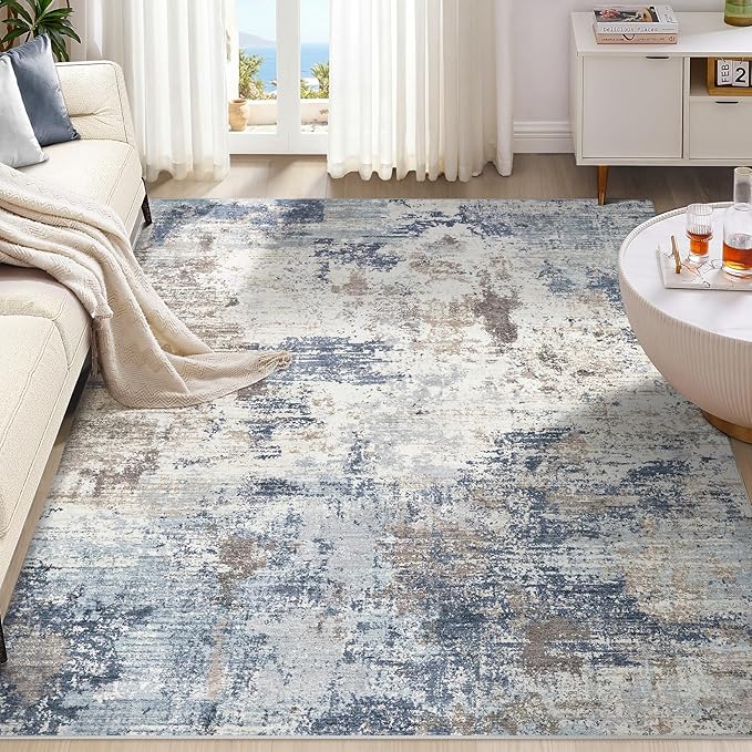 UERMEI 8x10 Area Rug Living Room Rugs - Washable Neutral Modern Abstract Soft Thin Large Rug Indoor Floor No Slip Rug Carpet for Bedroom Under Dining Table Home Office Decor - Denim Blue